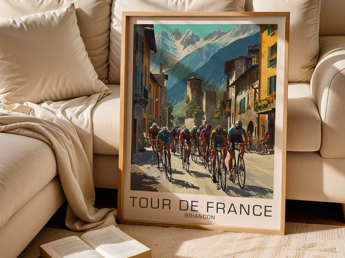 Framed Briançon Tour de France poster displayed on a wall to show decorative impact in an interior setting