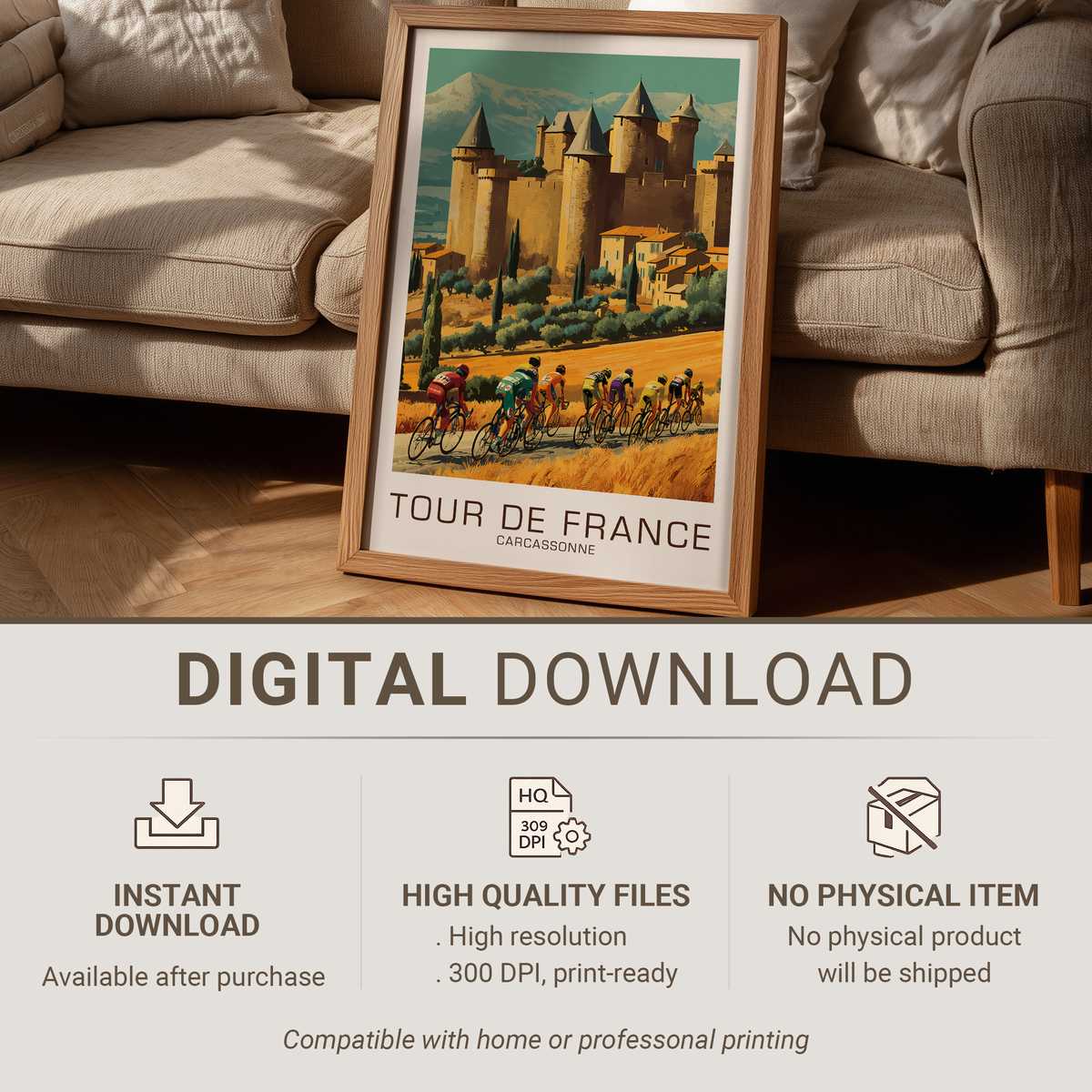 Full vintage Tour de France poster showing Carcassonne skyline with cyclists in the foreground and aged paper texture