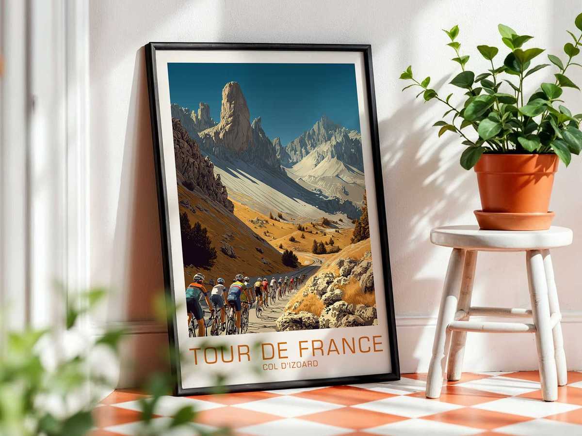 Poster composition highlighting the cyclist's hands and leg motion against graphic lines of the pass, reading gesture over…