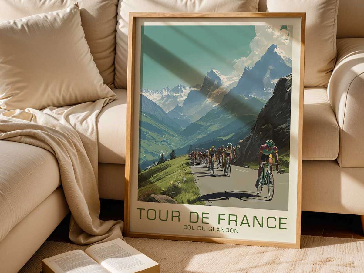 Stylized wall art centered on Glandon Climb Cycling with a inspiring atmosphere
