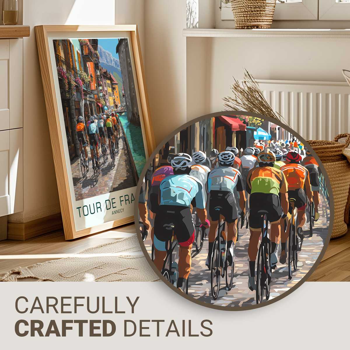 Minimalist poster showing a bicycle silhouette against Annecy mountain outlines, emphasizing frame geometry