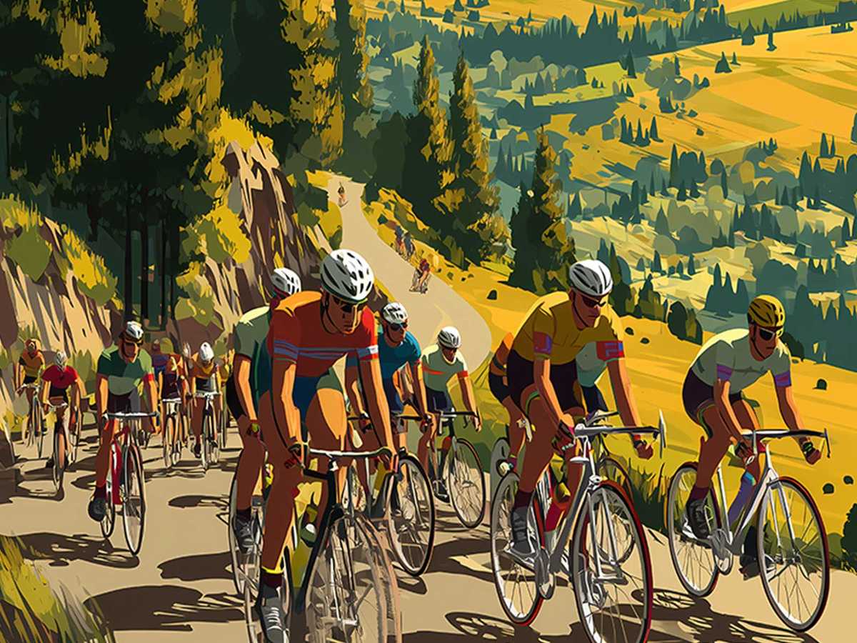 Close-up poster detail of a cyclist's legs and pedals mid-effort, textured brushwork emphasizing power and motion