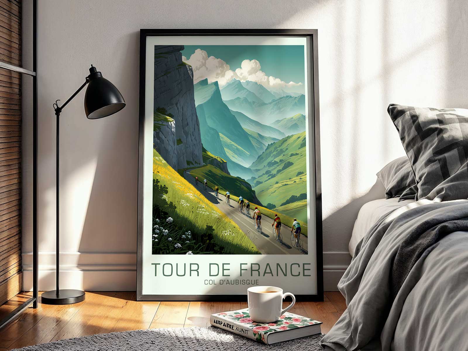 Retro poster detail showing gradient markings and a distance sign on the Col d’Aubisque route to indicate steepness and…