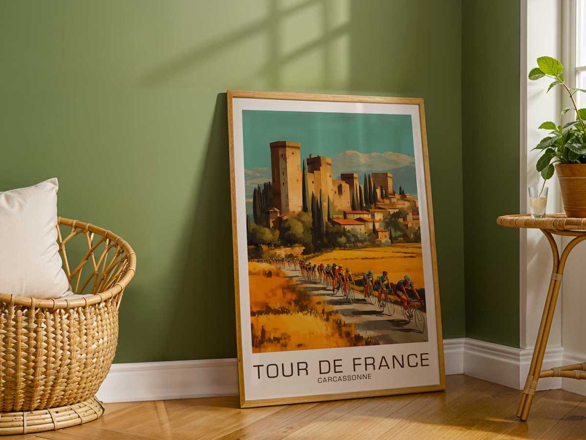 Stylized poster layering a bike outline over a simplified map of a race stage, blending cartography and object presence