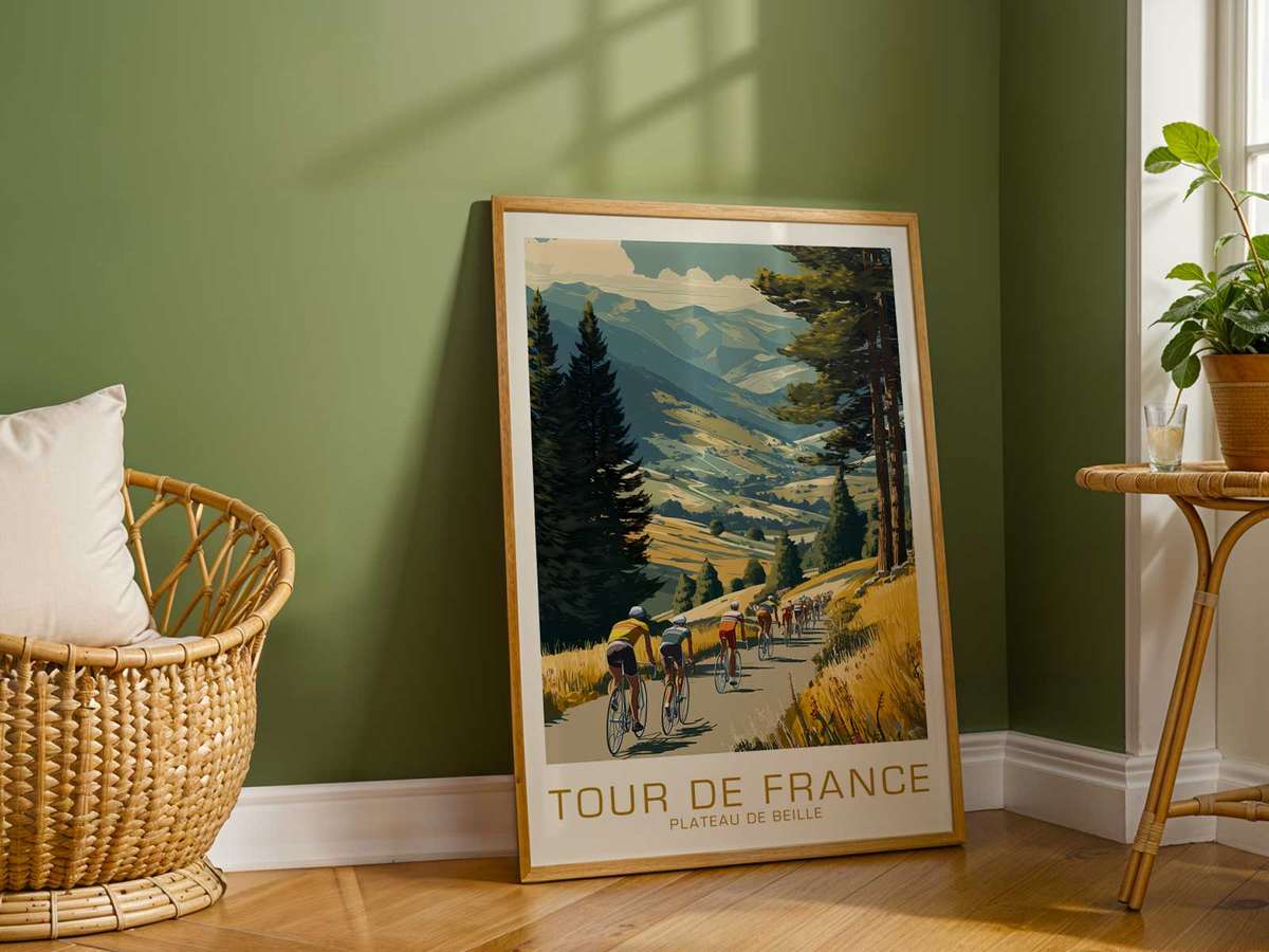 Artistic view of How a Plateau de Beille showing speed, elevation and long-distance character for bike workshop decor