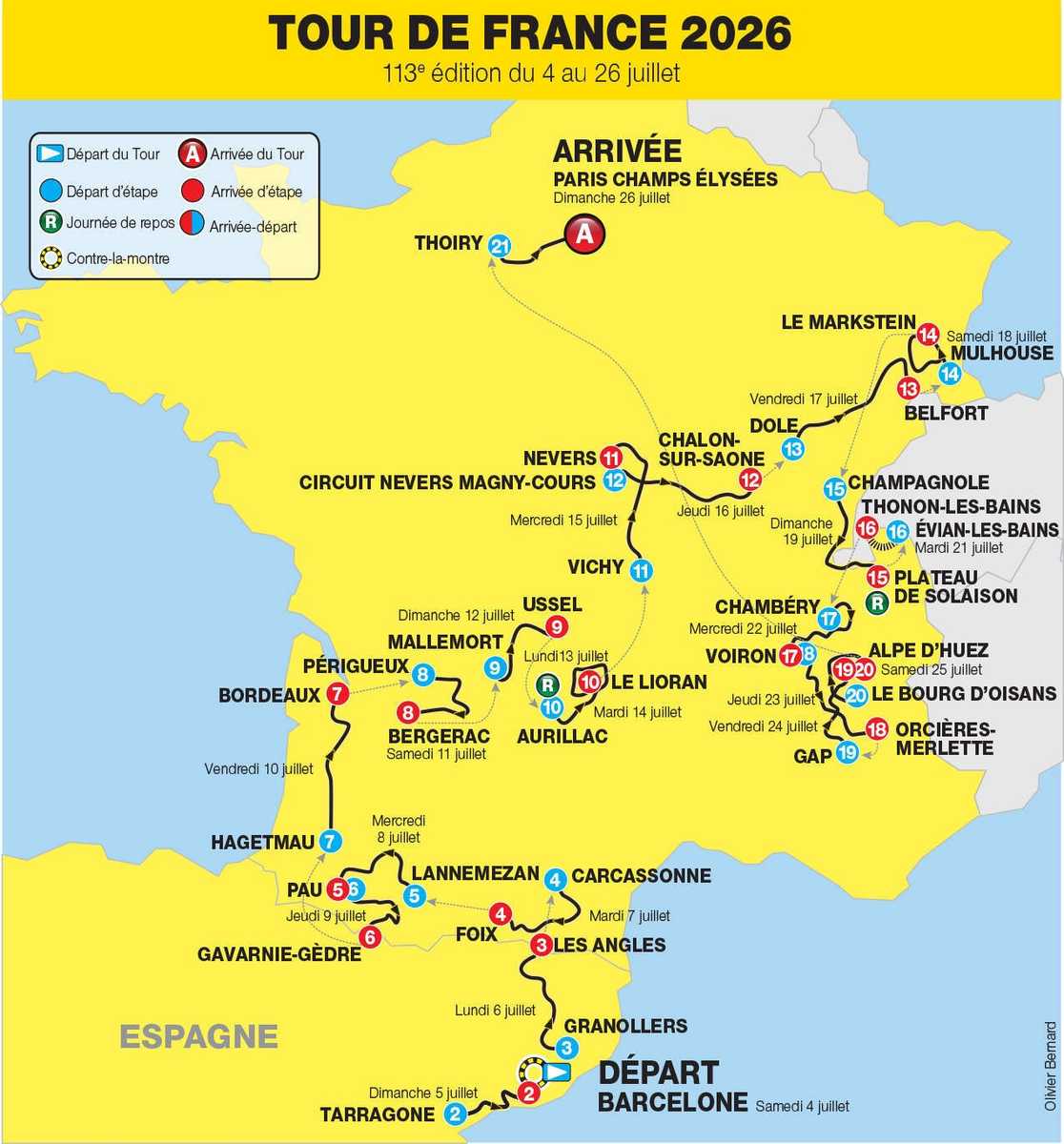 Full calendar graphic of the Tour de France 2026 showing dates 4–26 July with stage grouping and rest days highlighted