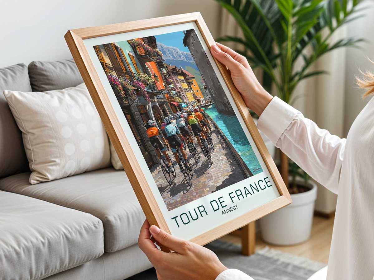 Stylish Annecy-inspired bicycle poster displayed in a modern living room to show sporty design appeal
