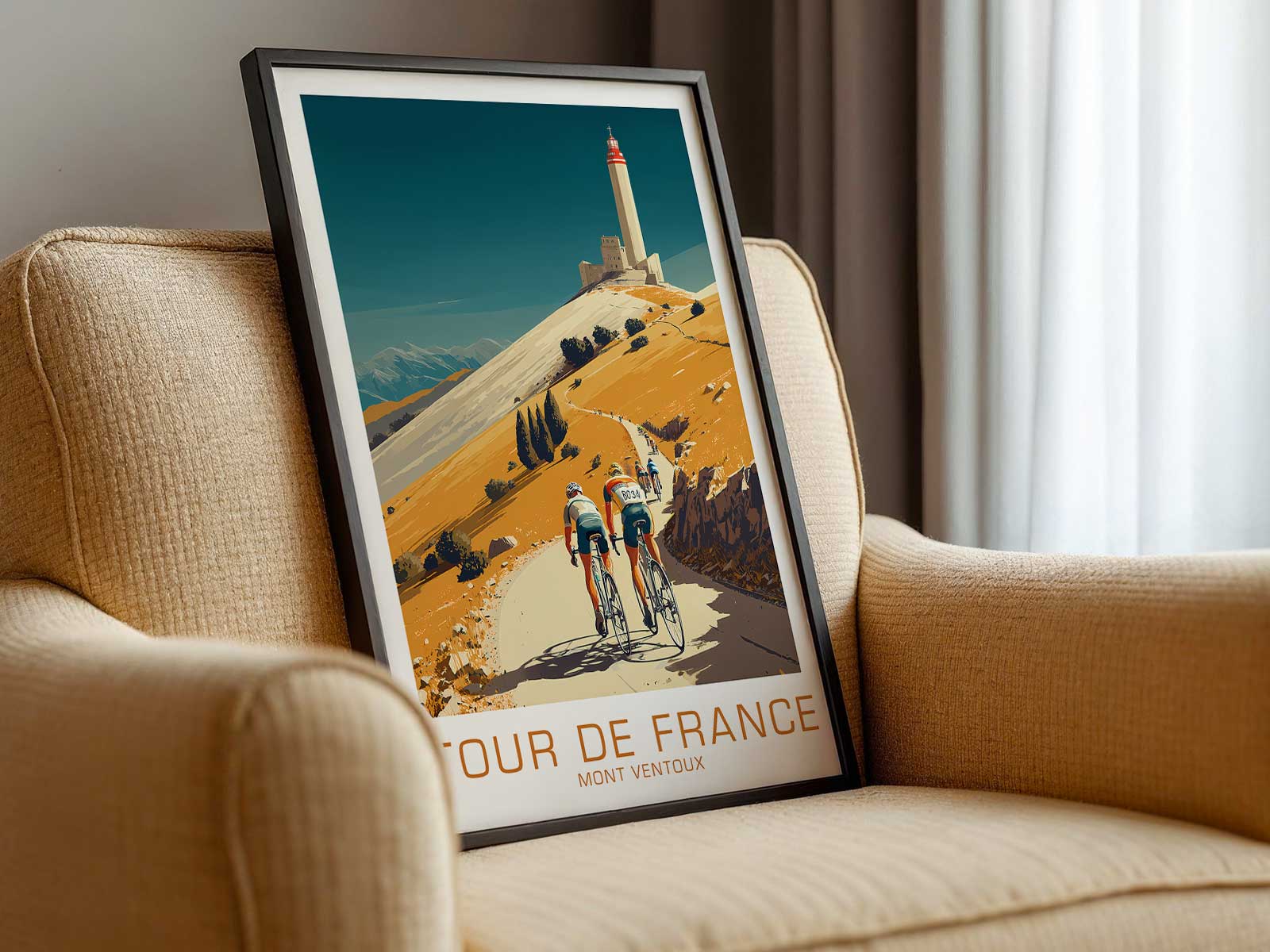 A lone rider framed by barren volcanic rock on Mont Ventoux, head down in effort with rivals blurred behind, conveying…