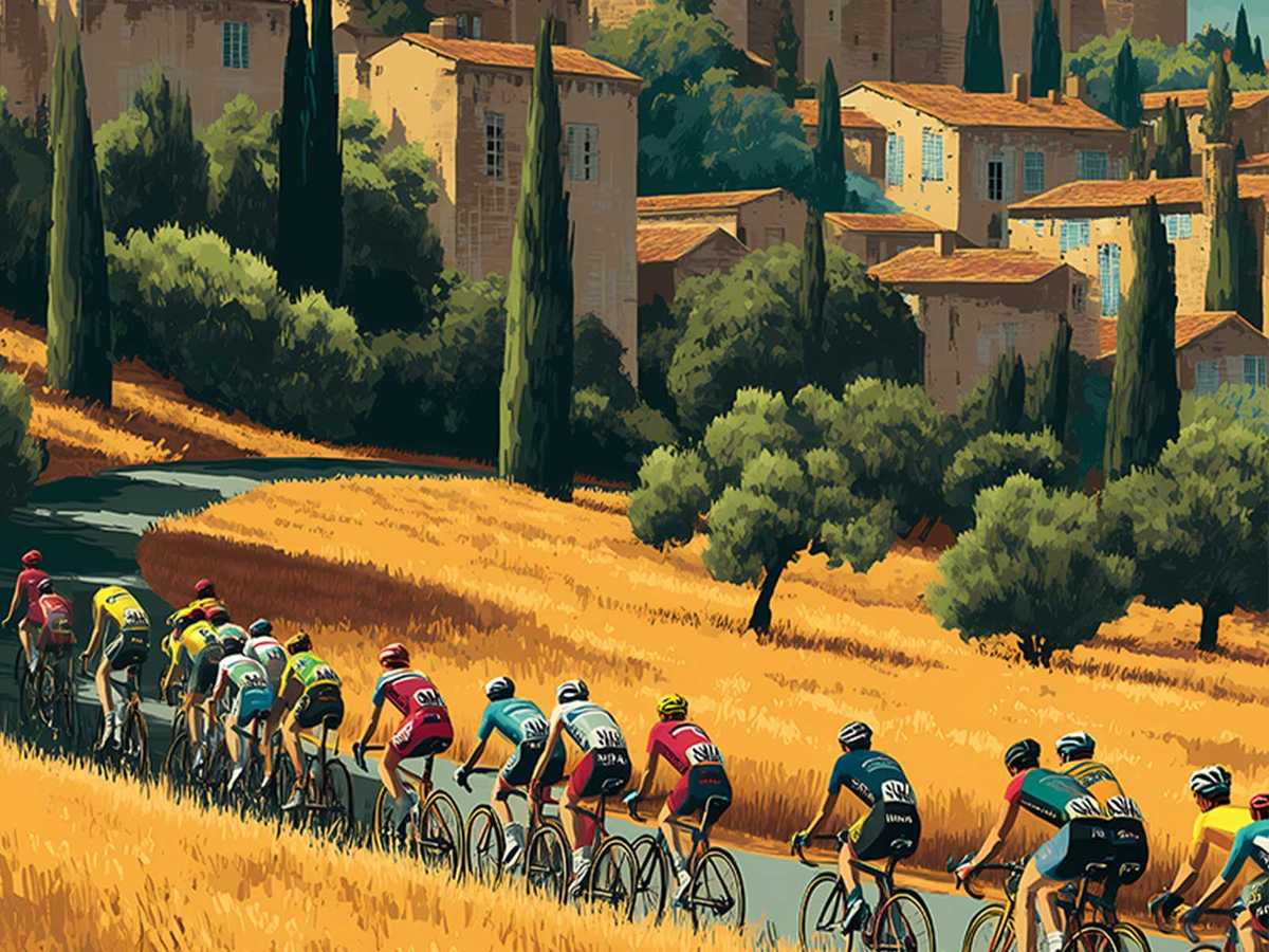 Close-up of archival paper texture and faded ink on a Carcassonne-inspired Tour de France poster