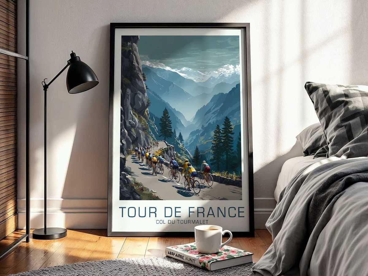Panoramic landscape poster of the Tourmalet ascent showing ridgelines, valley depth and a narrow road cutting through the…