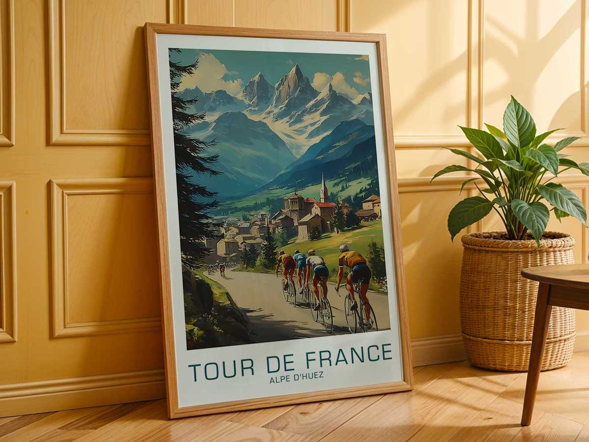 Composed poster of a cyclist leaning into a steep gradient, frame organized to accentuate balance between strain and…