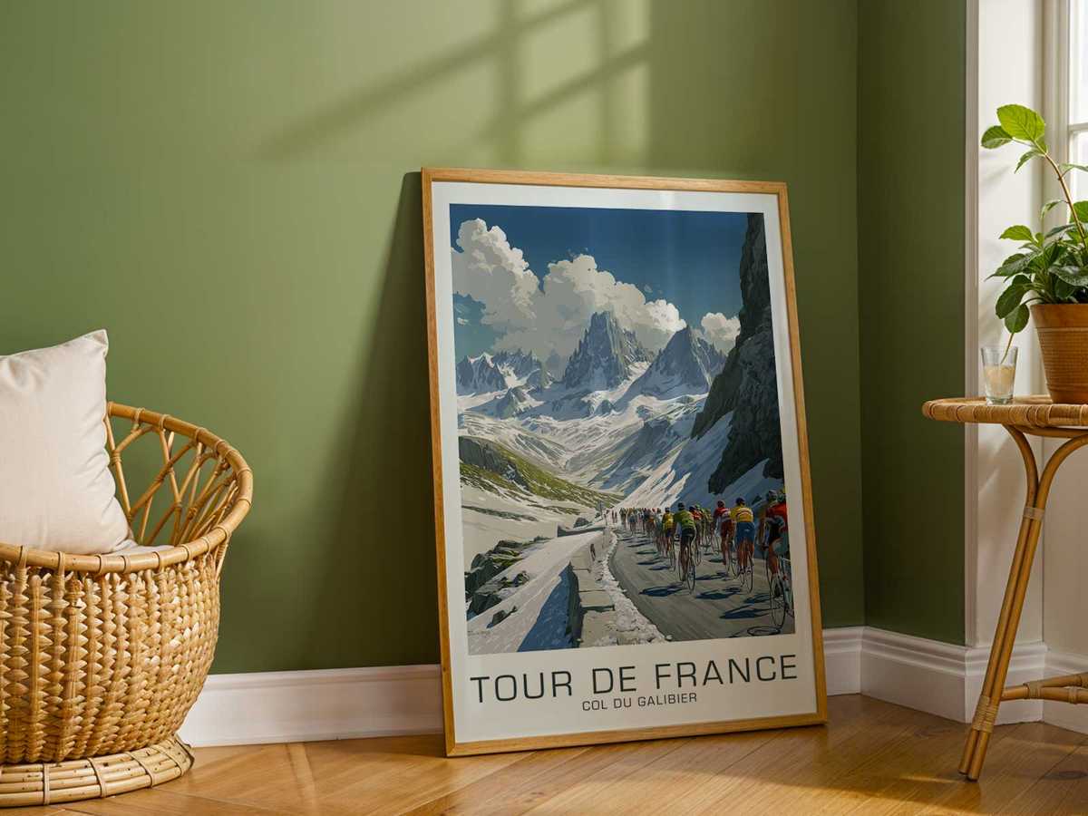 Poster detail of summit light and atmospheric haze, with layered mountains fading into the distance