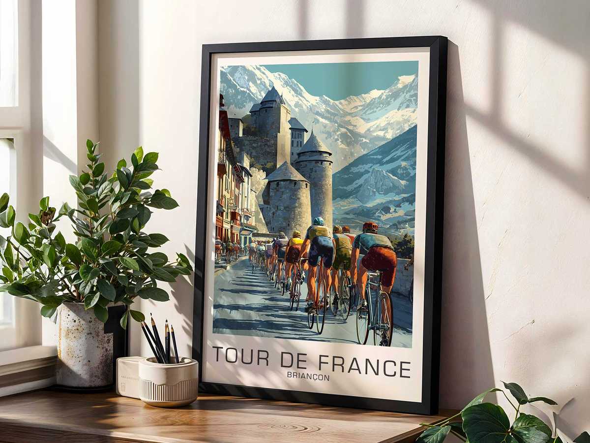 Strong light and deep shadows across Briançon facades and a lone cyclist creating dramatic contrast and immediate visual…