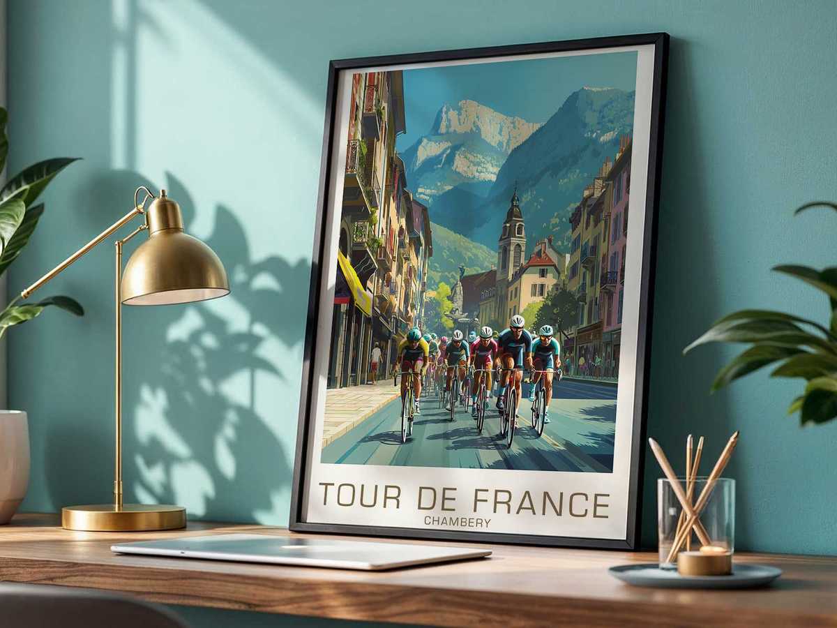 Sun and shadow play across a narrow Chambéry lane, highlighting road surface and signposts like race markers