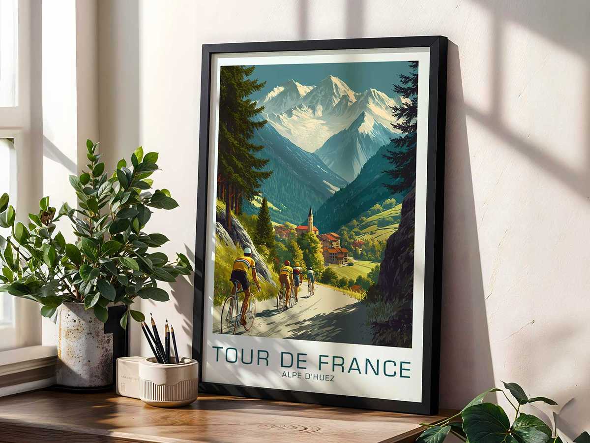 Poster using bands of light and shadow across the slope to create a rhythmic sense of progression up Alpe d’Huez