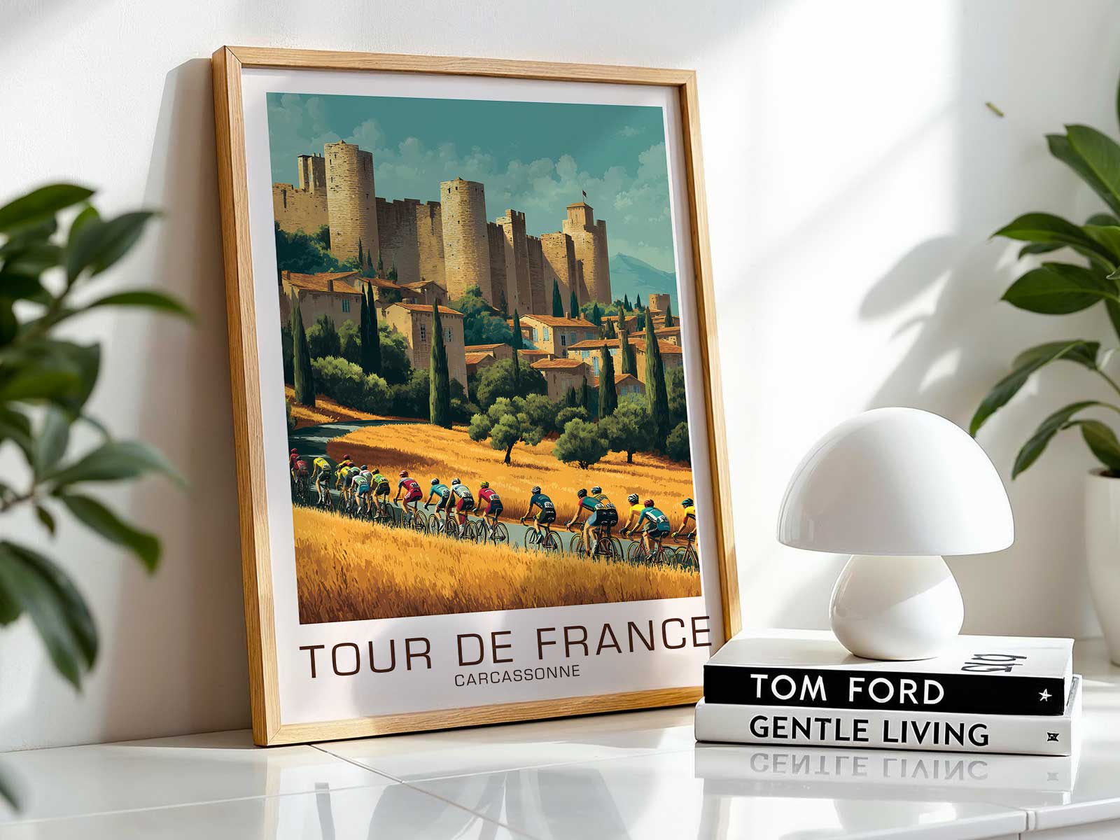 Limited edition label and signature on the lower corner of a Carcassonne-inspired Tour de France poster