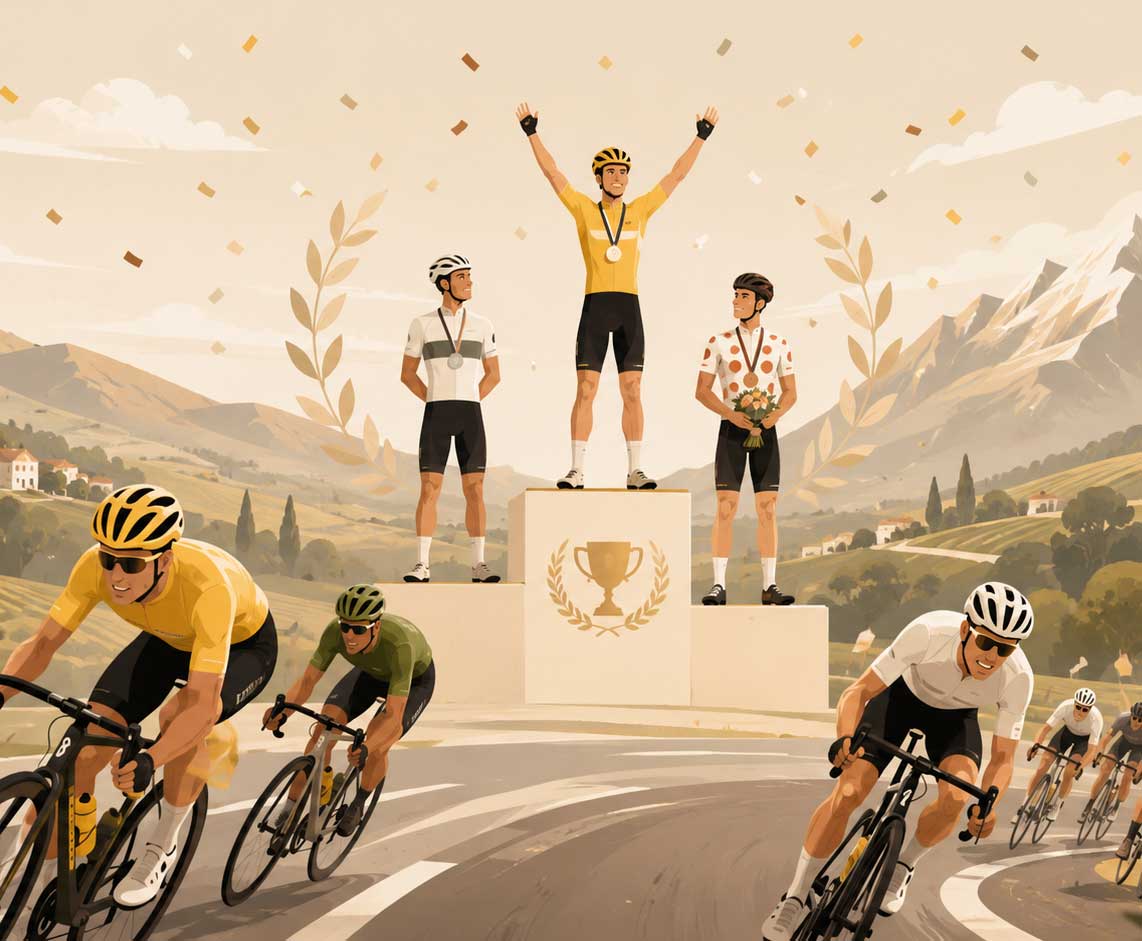Tour de France cyclists celebrating on a podium