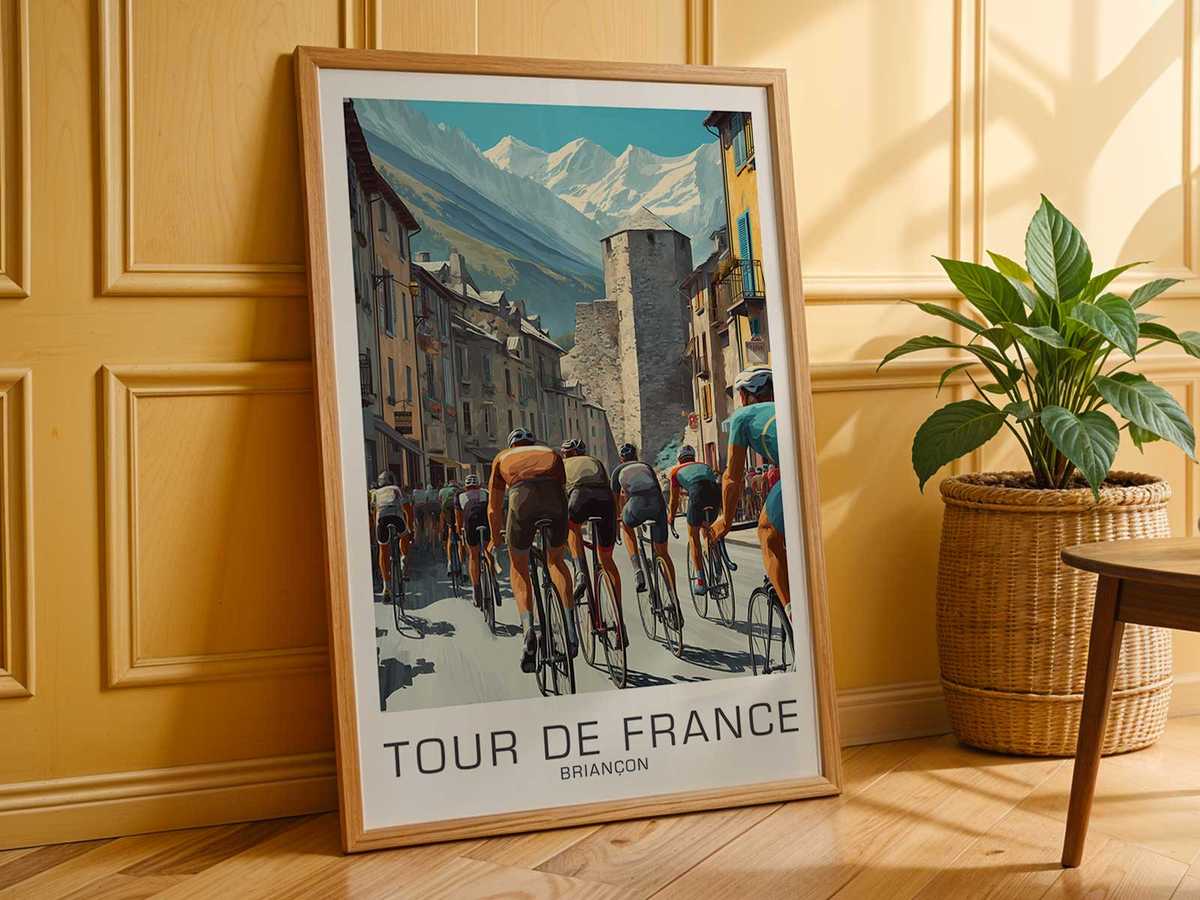Vintage typography and town name 'Briançon' on an old Tour de France poster with decorative flourishes