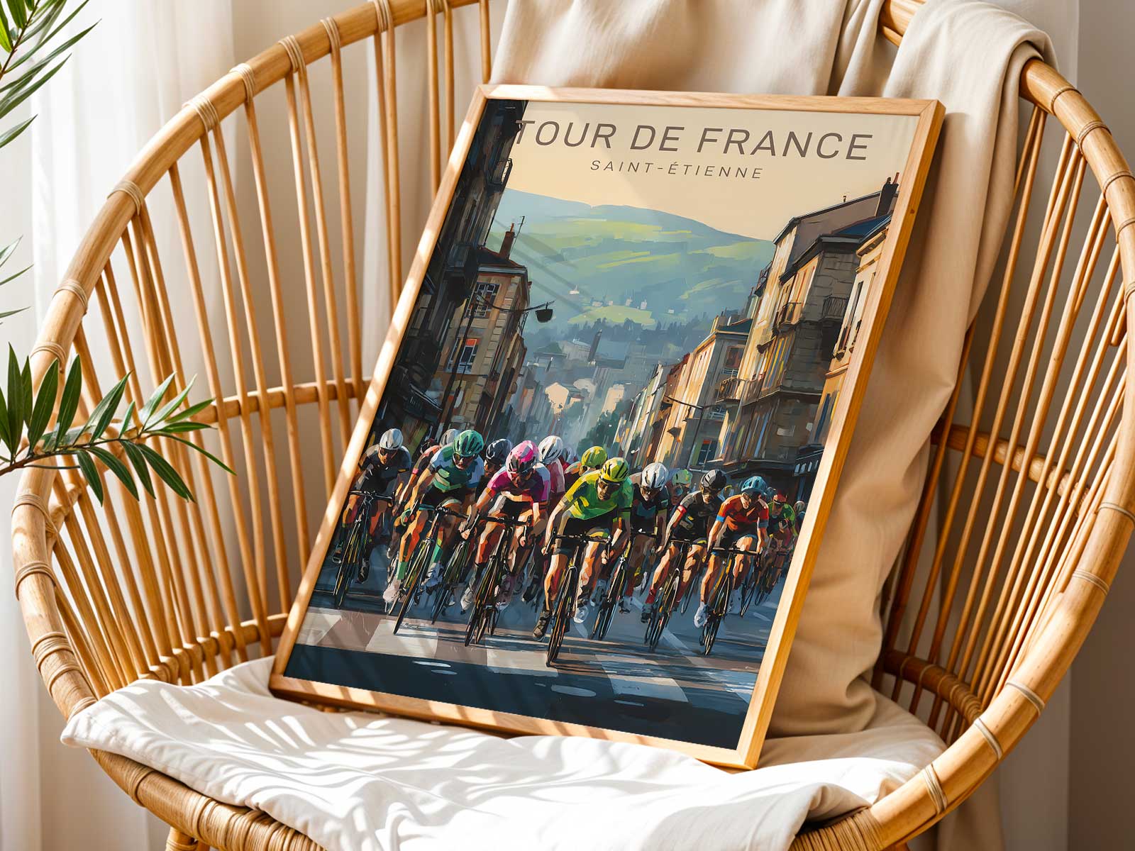 Illustrated cyclists riding past a recognizable Saint-Étienne landmark on a retro poster