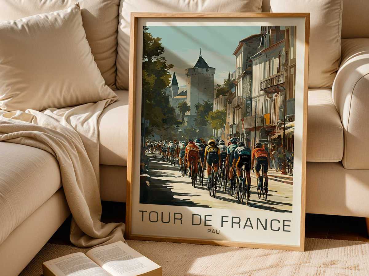 Silhouette of a Pau landmark integrated into a vintage poster composition that ties local heritage to cycling memory