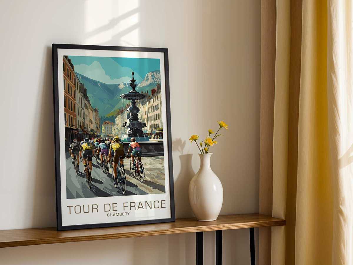 Silhouette of a Chambéry landmark integrated into a vintage cycling poster composition, connecting the race memory to local…