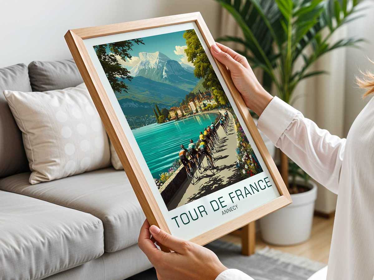 Poster composition combining Annecy architectural details, a vintage bicycle, and a sepia-toned palette