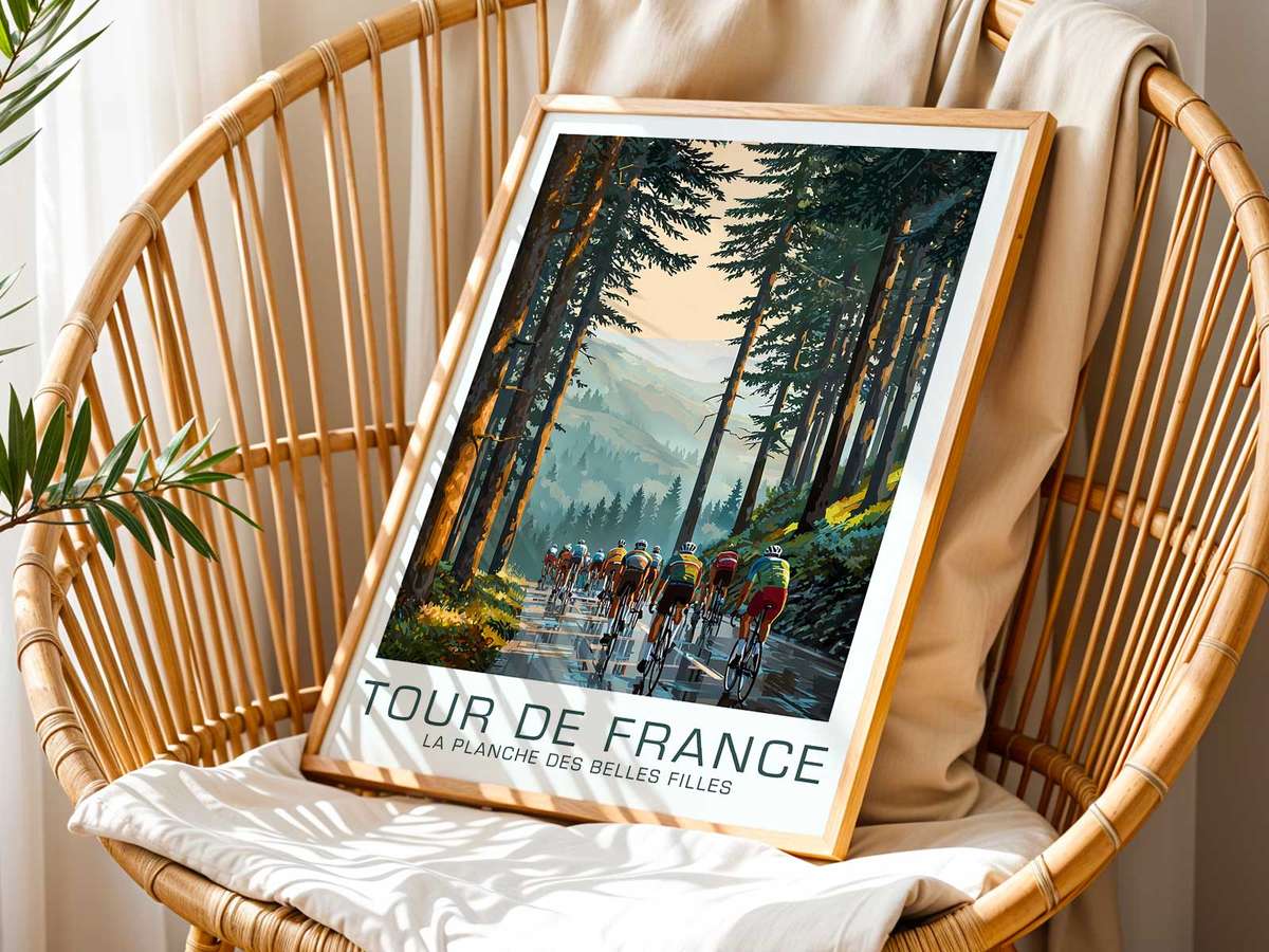 Long winding road climbing into the distance with tiny riders, conveying scale and prolonged effort in vintage poster style