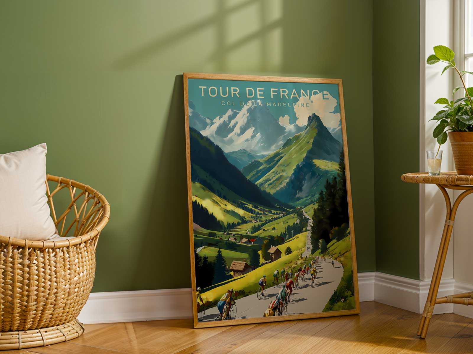 Wider composition of the Col de la Madeleine poster showing bicycle, road and mountain backdrop, placing the bike as a…