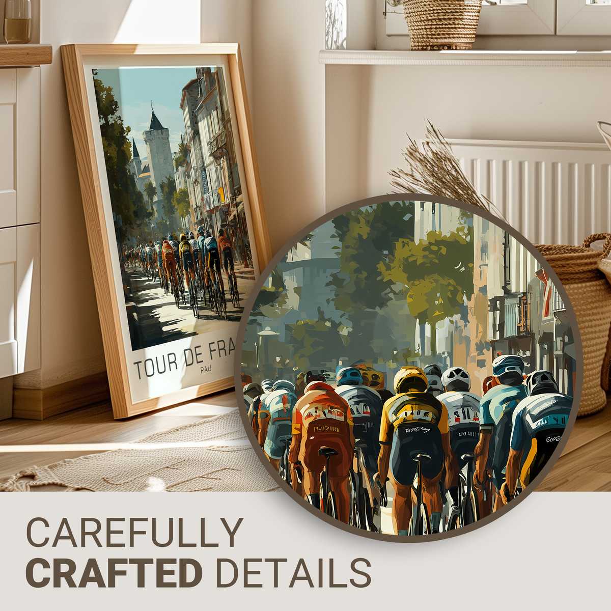Close-up of a vintage Pau bike race poster showing the town center illustration, aged paper texture and muted colors
