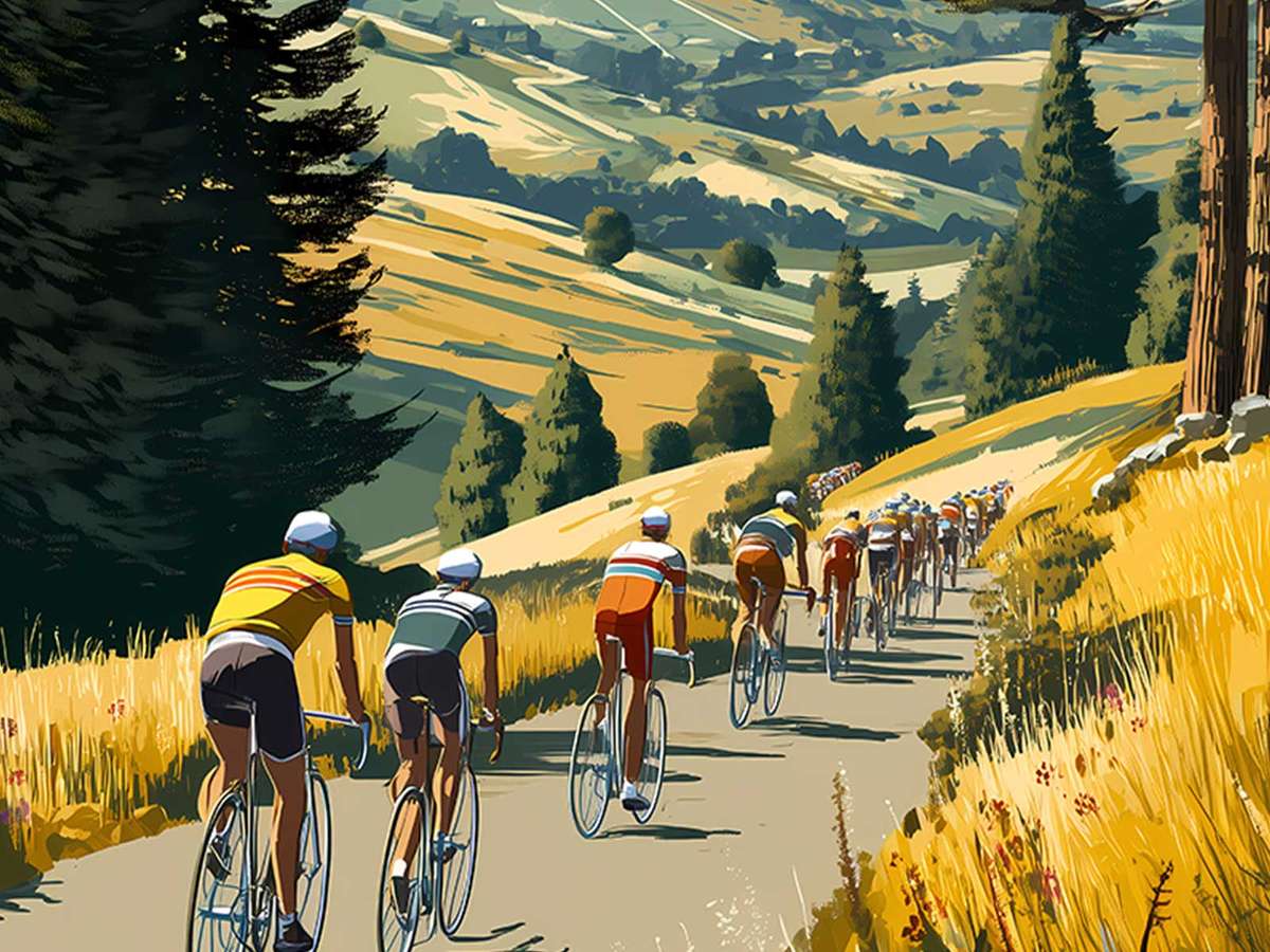 Close-up poster detail highlighting historic Tour de France signposts, vintage jerseys and textured typography integrated…