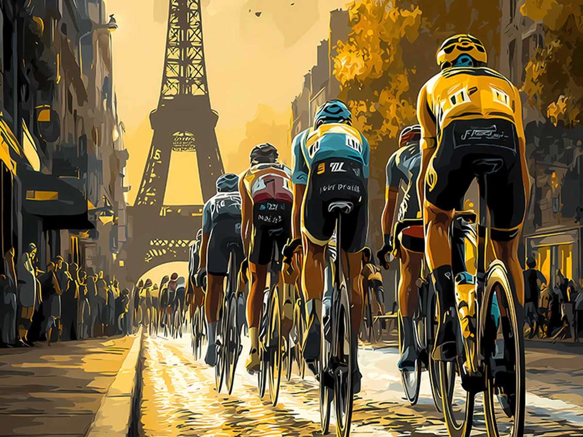 Tightly packed peloton racing under grand Haussmann facades, emphasizing the tension between massed riders and the avenue’s…