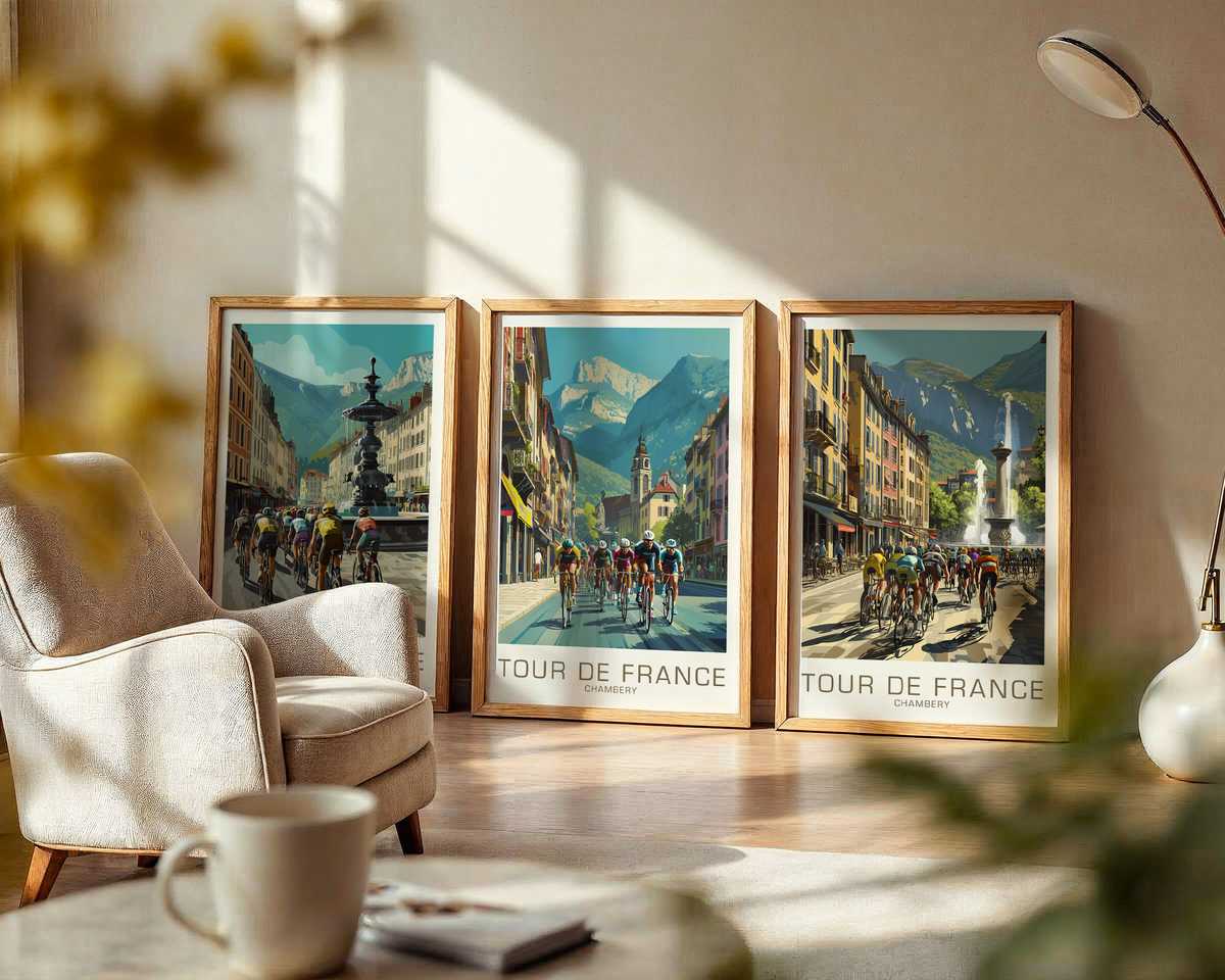 Framed vintage Tour de France poster featuring Chambéry skyline and cyclists in retro graphic style