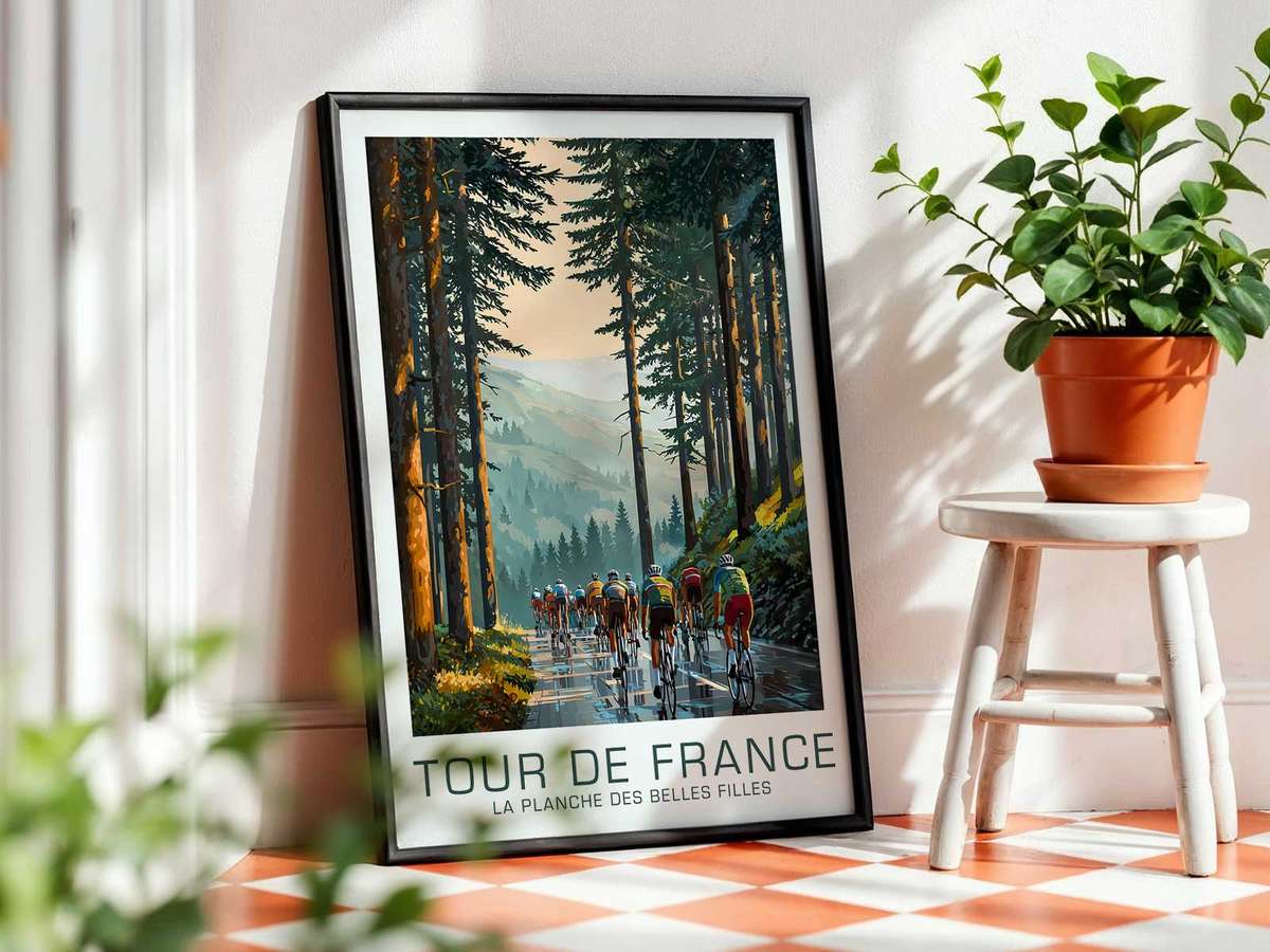 Minimalist poster with silhouetted cyclists against a stark slope and dramatic sky, evoking the essence of ascent and…