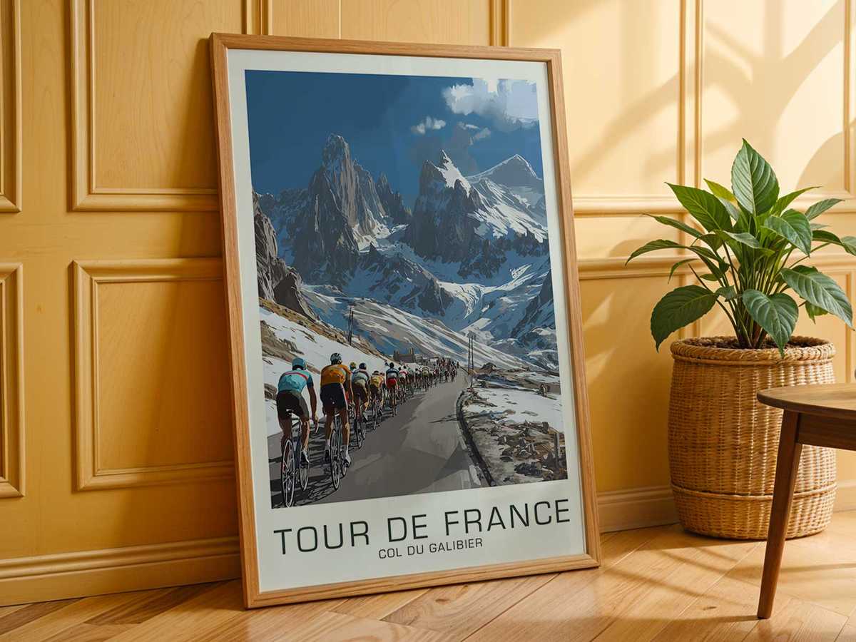 Minimalist poster skyline of Galibier with simplified peaks and a vast empty sky to suggest altitude and drama