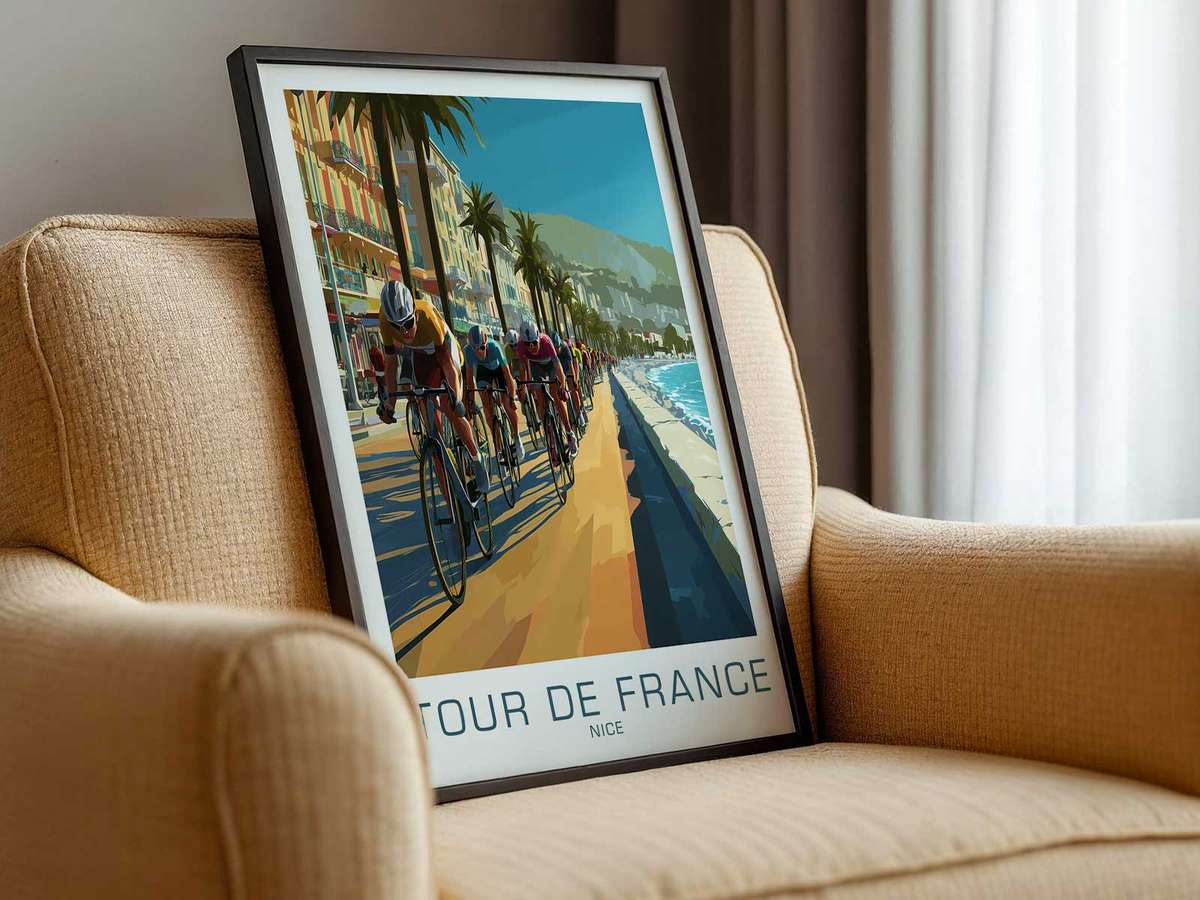 Composite image showing Nice landmarks integrated with race imagery on a patinated vintage Tour de France poster