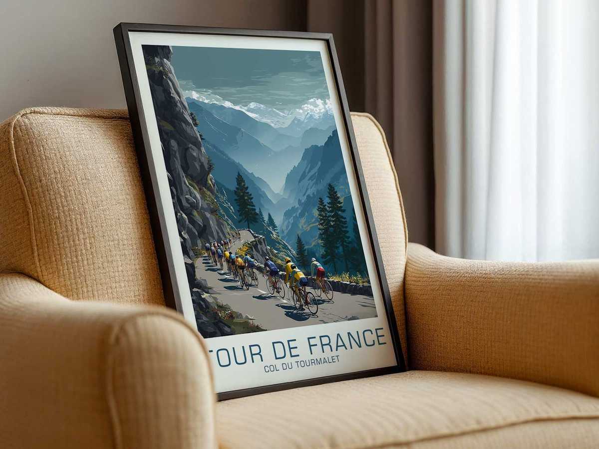 Col du Tourmalet poster emphasizing thin mountain light and drifting clouds that convey cold altitude and expansive sky