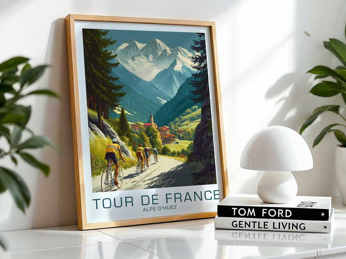 Poster contrasting tiny cyclists with massive mountain forms to highlight scale and the epic nature of the ascent
