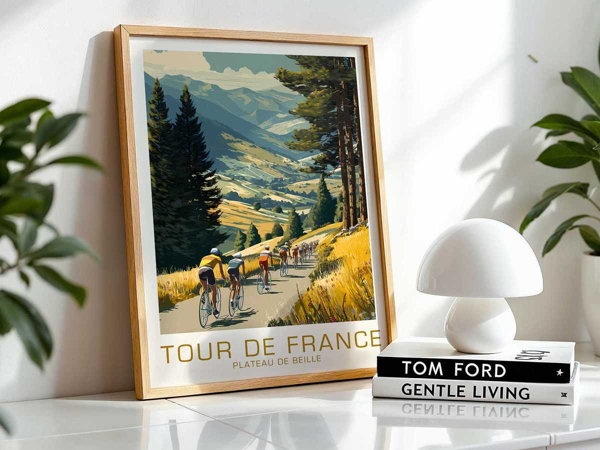 Poster composition that uses sweeping lines and layered colors to suggest the flow of peloton movement across Plateau de…