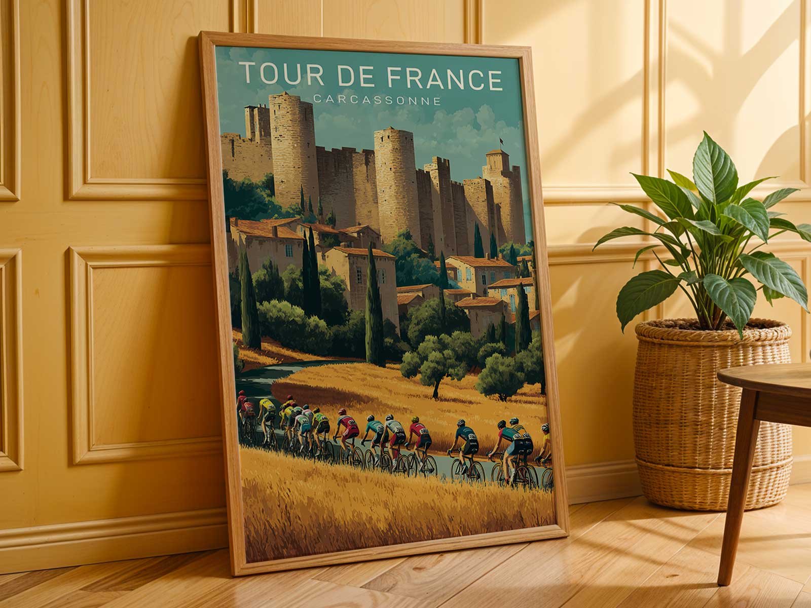 Group of cyclists rendered in a muted palette passing beneath Carcassonne ramparts in a retro poster composition
