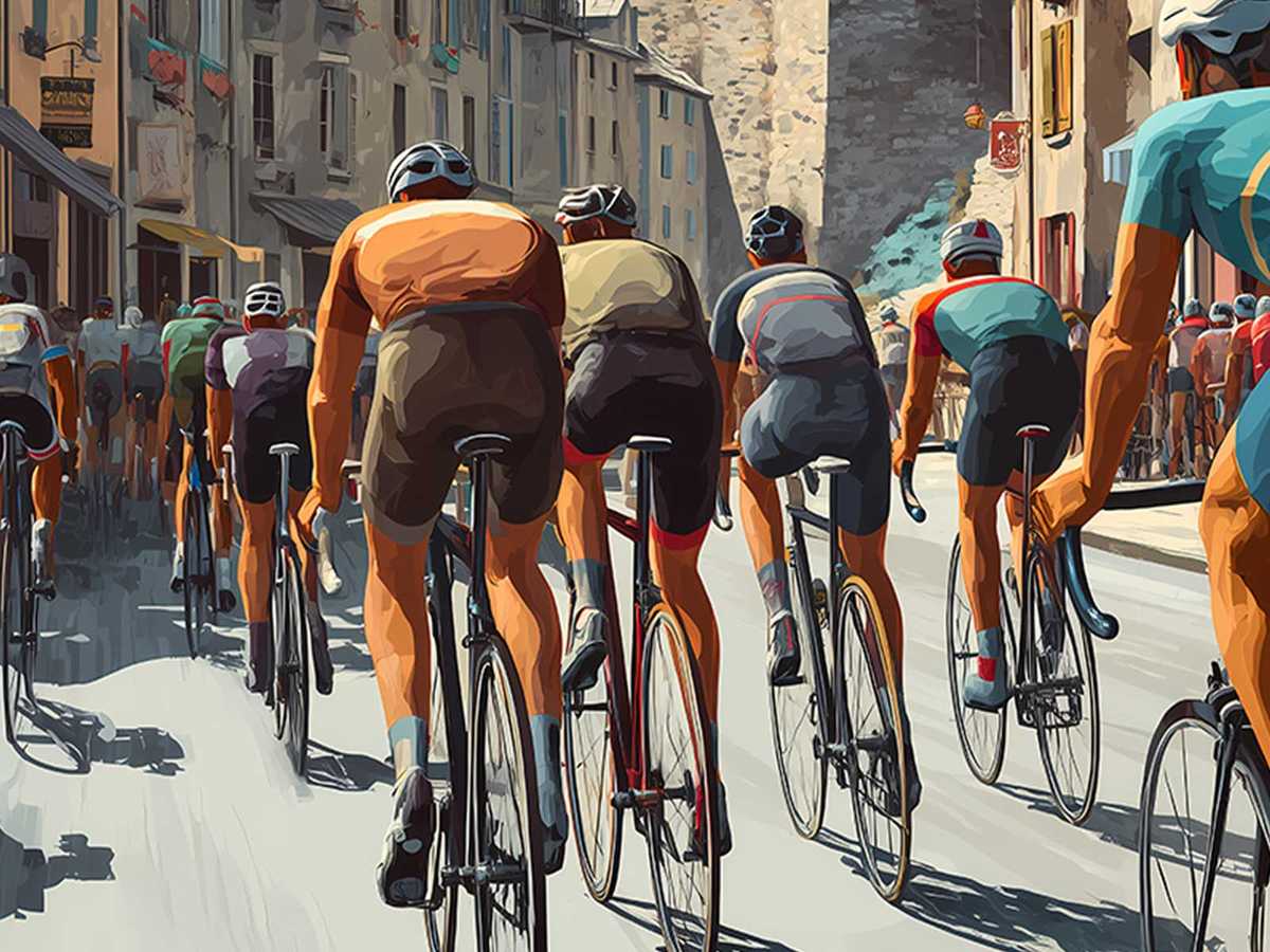 Close-up of classic cycling jerseys and race numbers with aged paper texture