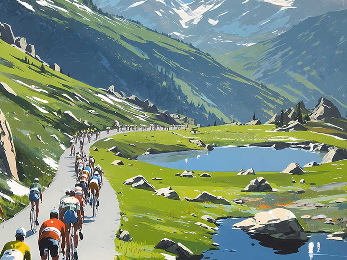 Small group of rivals attacking along a narrow, winding section of the Glandon ascent