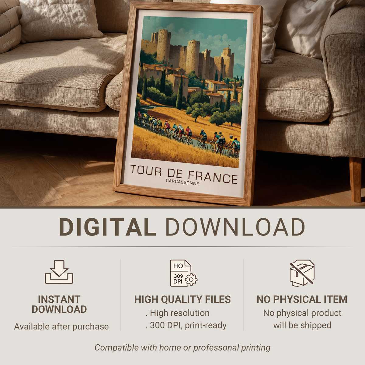 Vintage-style poster showing Carcassonne skyline silhouette with muted ochre and slate tones and a cycling figure in…