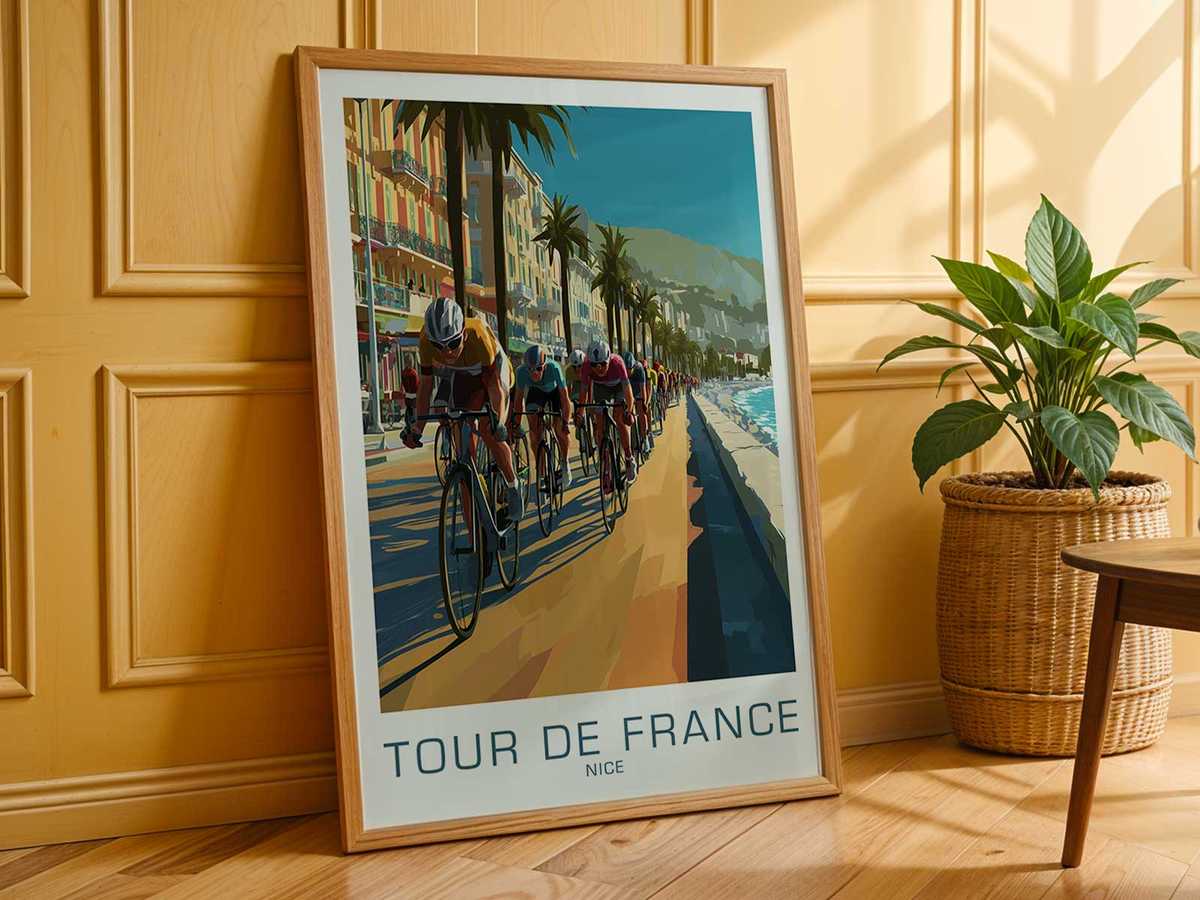Bike poster of a cliffside coastal road near Nice with sweeping curves above blue Mediterranean waters and a peloton in…