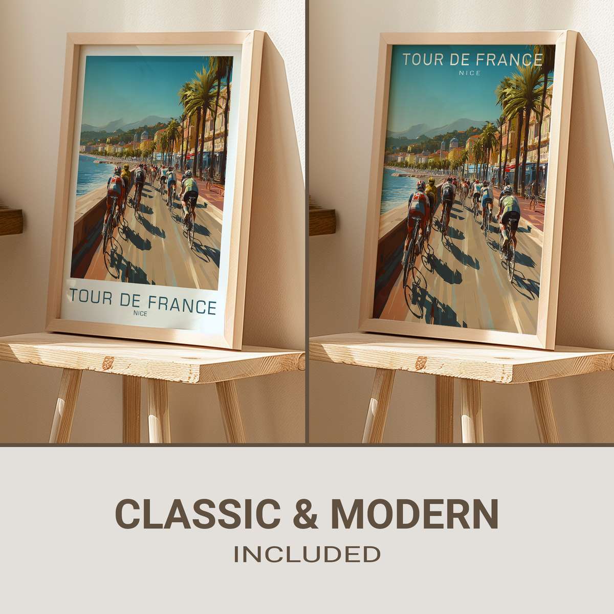 Close-up of a vintage Tour de France poster showing Nice harbor with patinated paper and faded lithograph colors