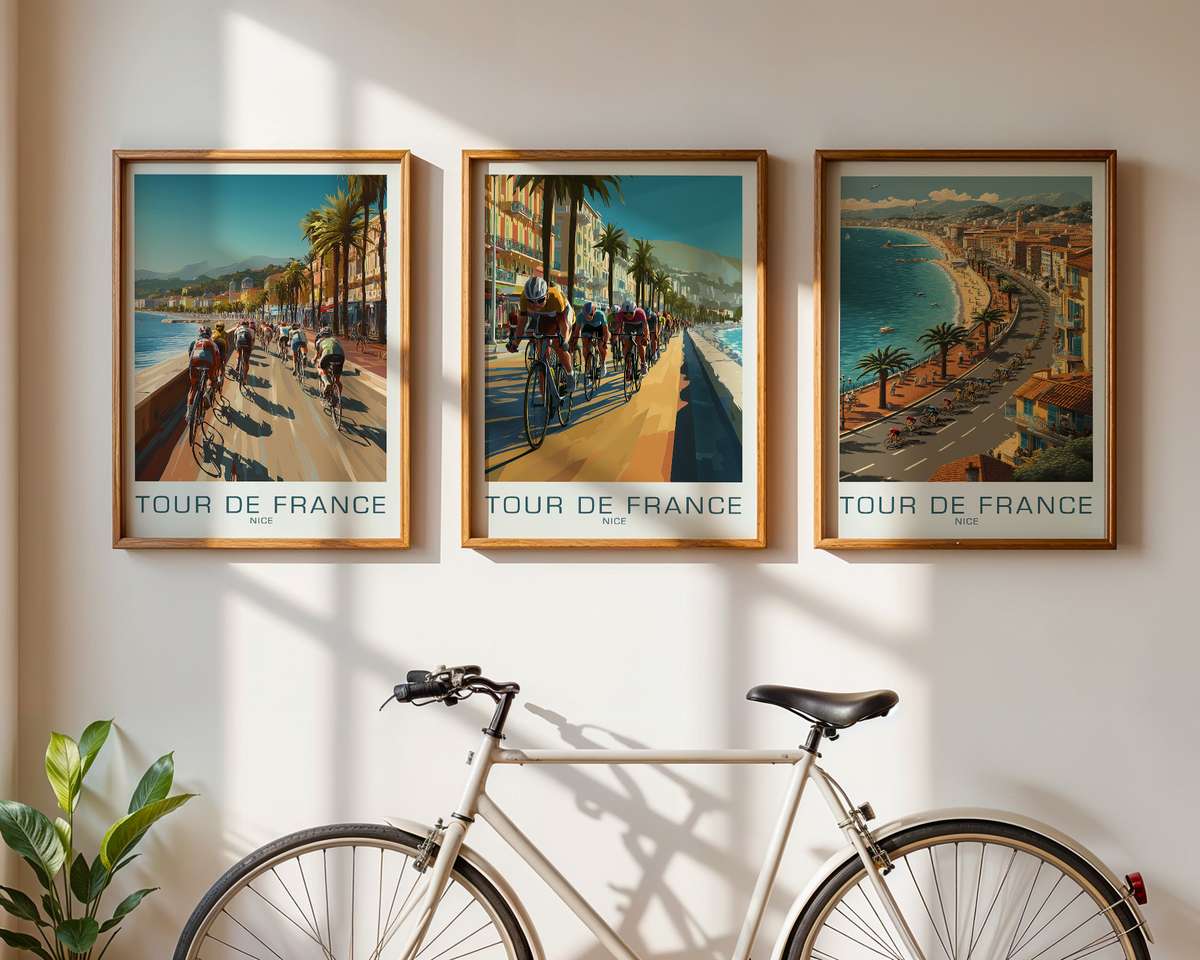 Close-up of a vintage Tour de France poster showing Nice harbor with patinated paper and faded lithograph colors