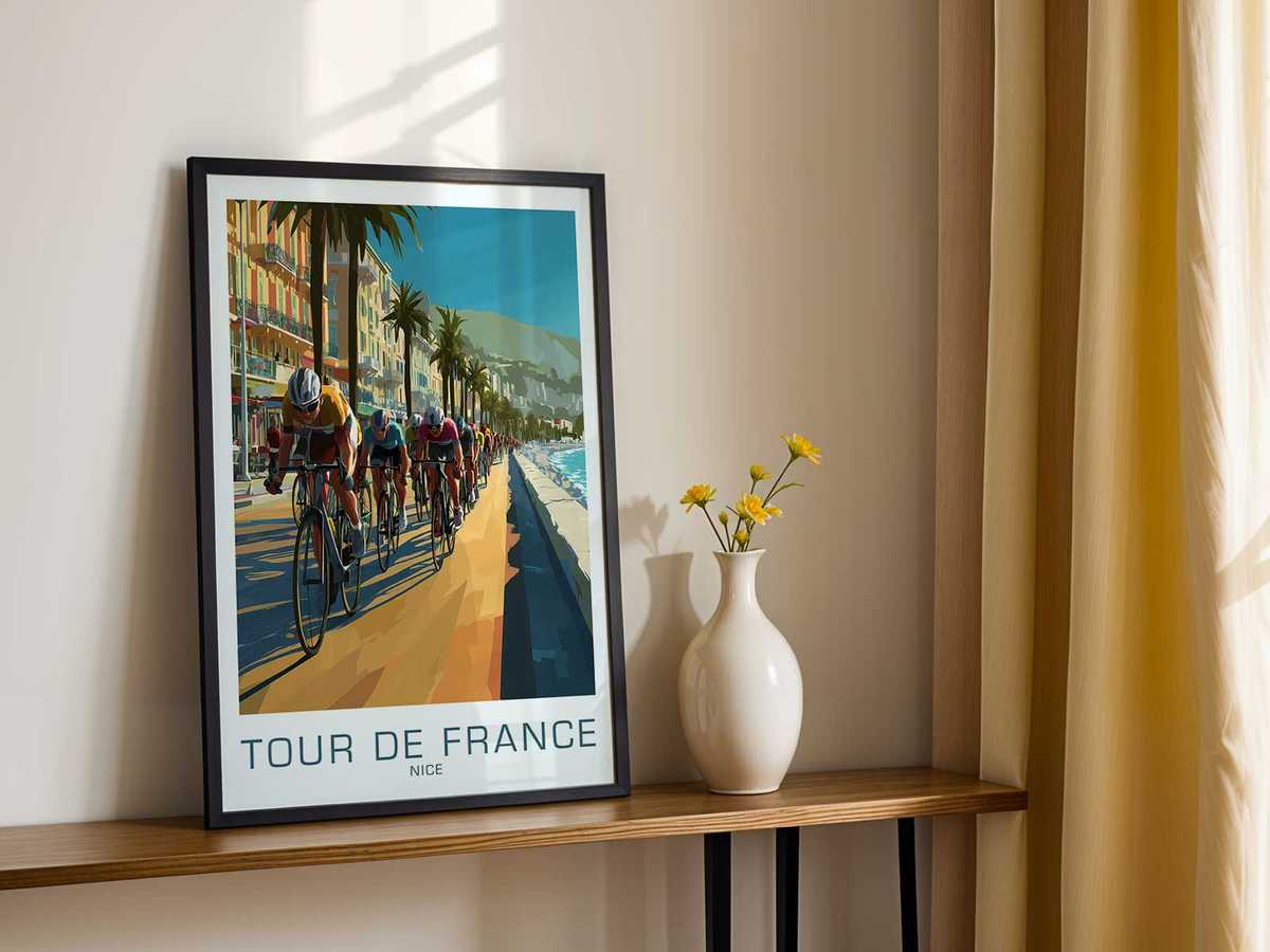 Bike poster of rolling hills and small vineyards above Nice with a lone cyclist ascending a sunlit climb