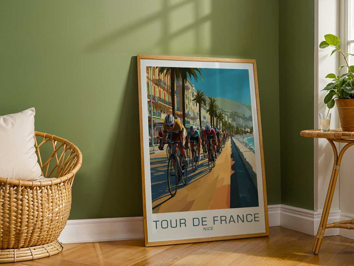 Bike poster from a promontory viewpoint overlooking Nice bay with race signage and riders descending toward the city