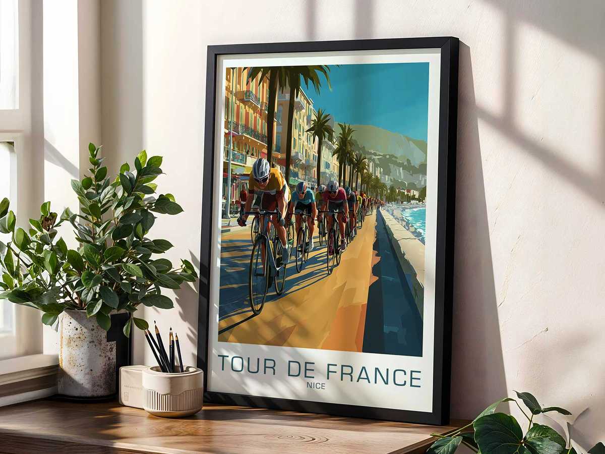Bike poster of a sunlit promontory hairpin turn near Nice with cheering spectators and coastal panorama