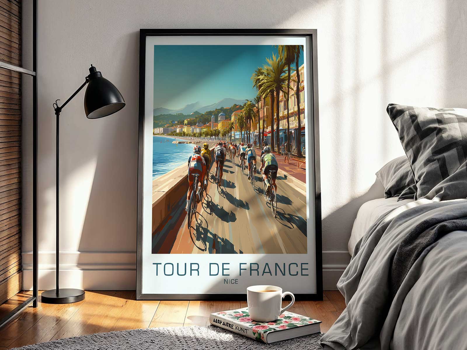 Vintage Tour de France poster showing Nice coastline with riders and sunlit promenade in muted archival tones