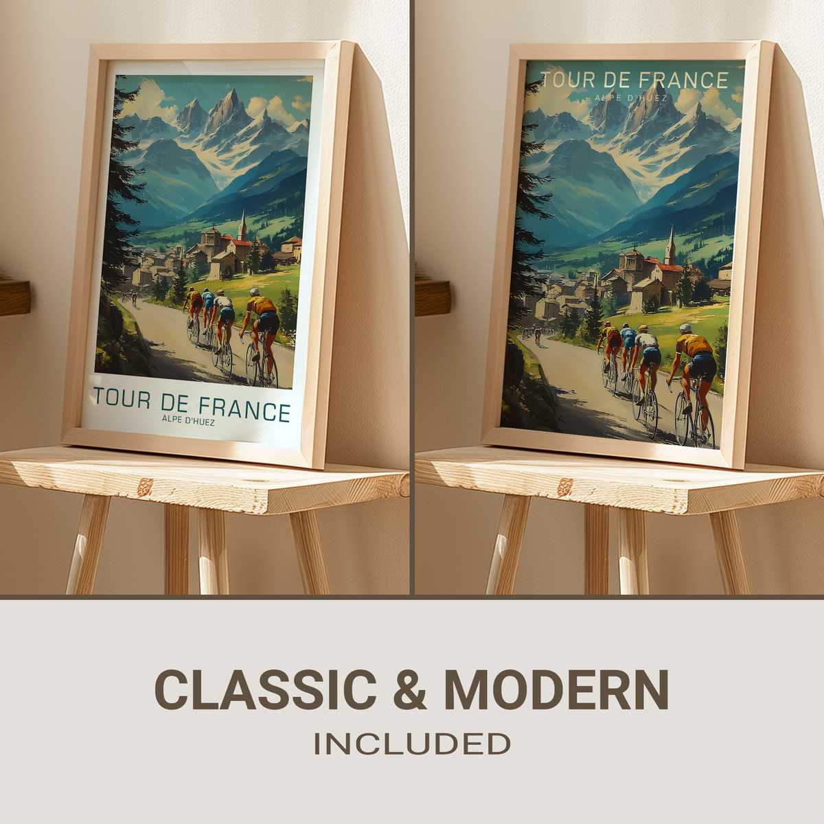 Vintage-style poster of a cyclist on Alpe d'Huez shown in profile, head down in focused concentration, gripping handlebars…
